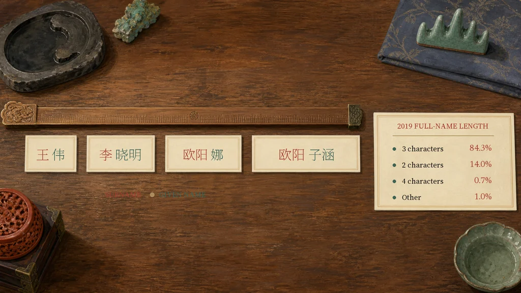 四个中文姓名按姓与名分色拆分,旁边列出 2019 年全名长度比例,其中三字姓名占 84.3%。
