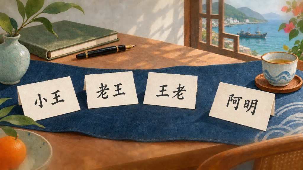 蓝色桌旗上摆着四张称呼牌,依次写着“小王”“老王”“王老”和“阿明”。