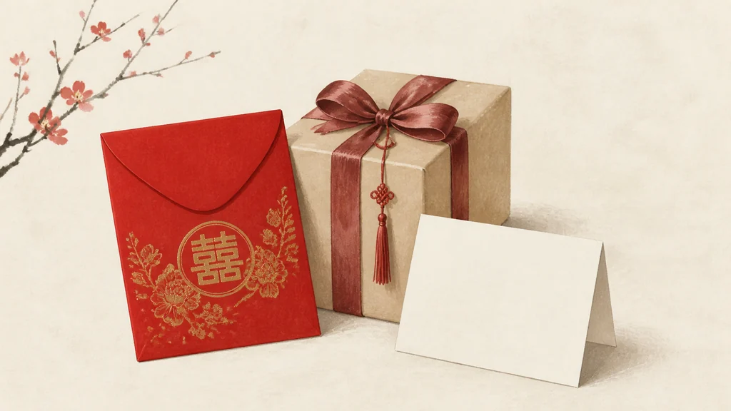 印有囍字的婚礼红包、小包装礼物和空白折卡作为三种选择整齐摆放