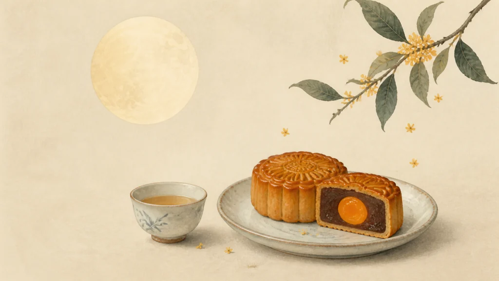 切开的月饼与茶放在秋夜圆月下,以相互呼应的圆形表示团圆