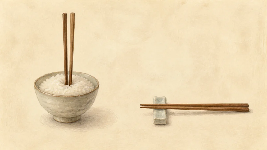 一双筷子从直插米饭的位置移到横放的筷架上，展示更合适的摆放方式