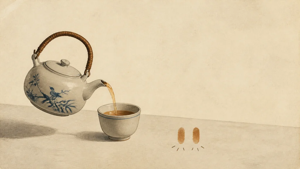 茶壶向小杯倒茶,杯旁两枚指纹状符号表示手指轻敲桌面